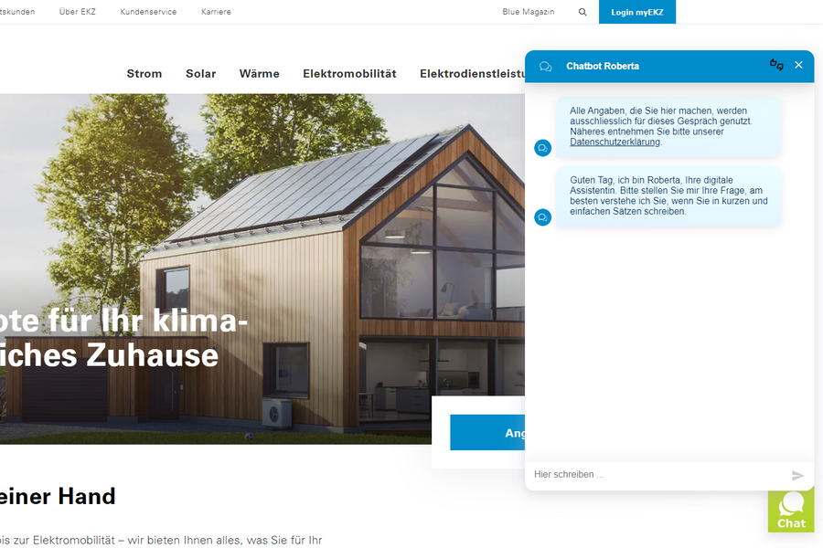 Chatbot Roberta auf der Website von EKZ