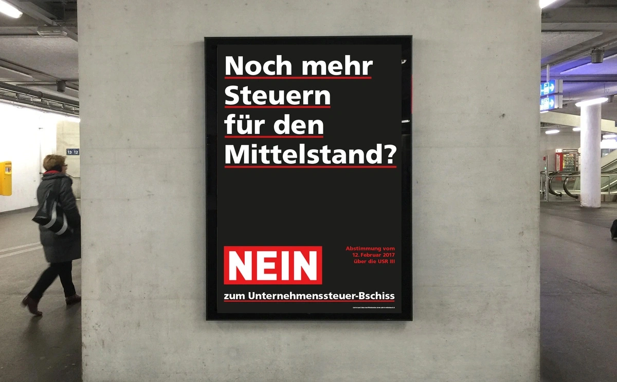 deutsches Plakat zur Abstimmung «Nein zum Unternehmenssteuer-Bschiss» für die Kundschaft SP Schweiz