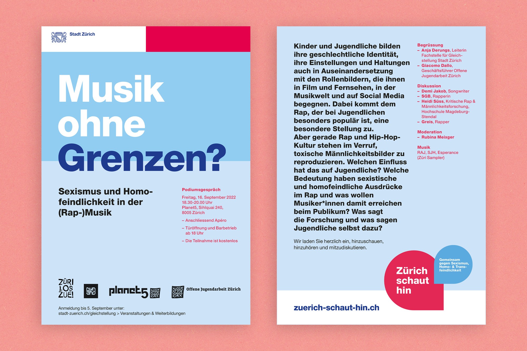 Veranstaltungsflyer der Kampagne «Zürich schaut hin» für die Kundschaft Stadt Zürich