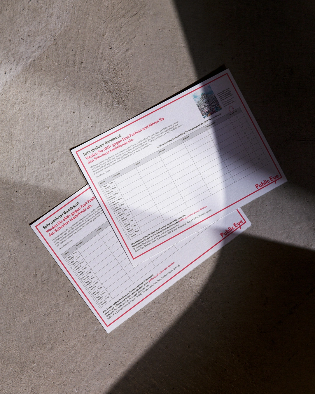 Unterschriftenbogen für die Kampagne von Public Eye