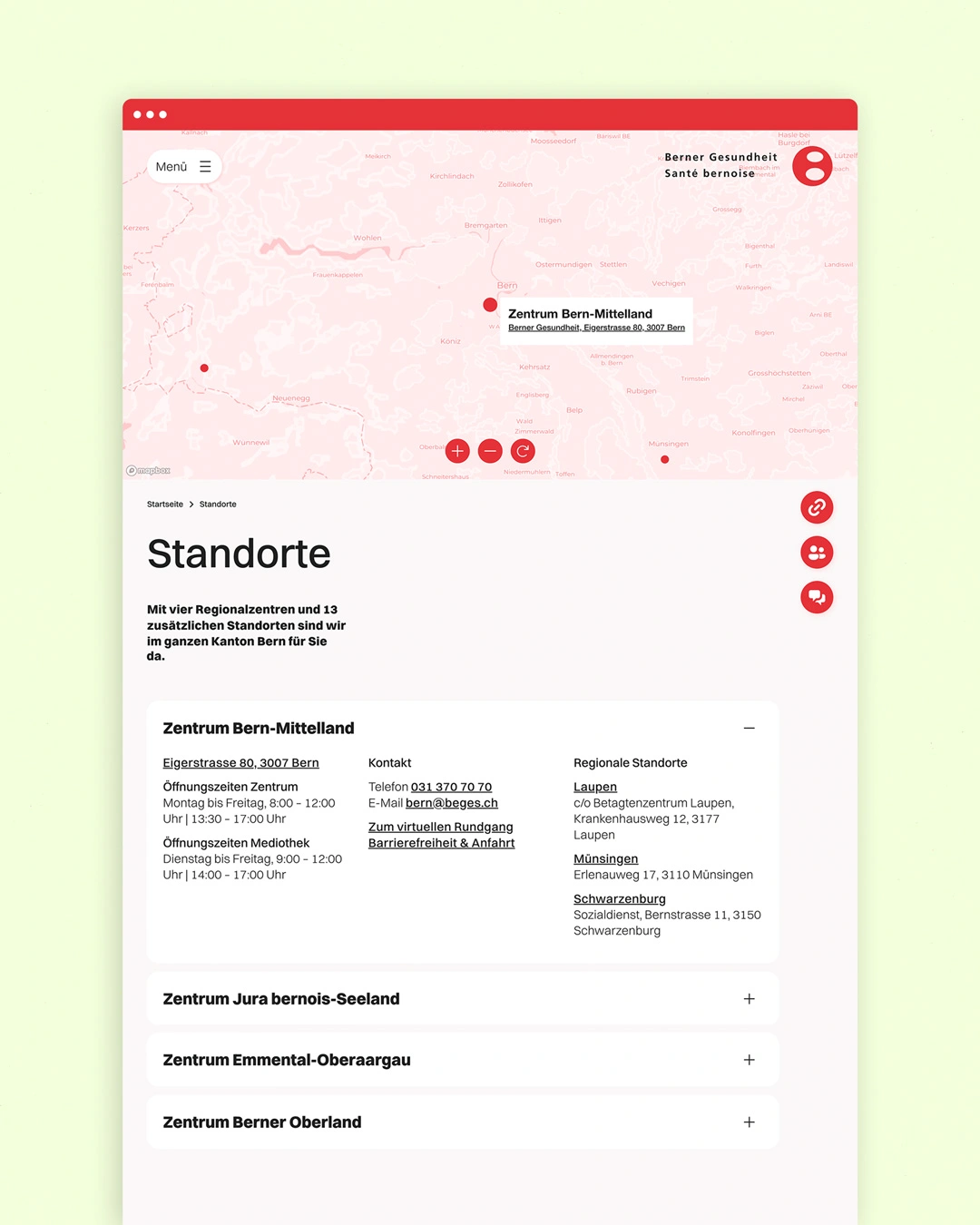 Unterseite Standorte auf dem Desktop für Berner Gesundheit