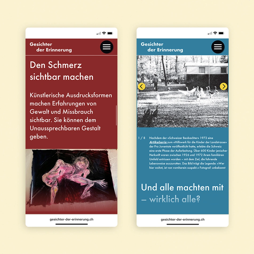 Webseite in Mobile Ansicht für die Kundschaft Gesichter der Erinnerung