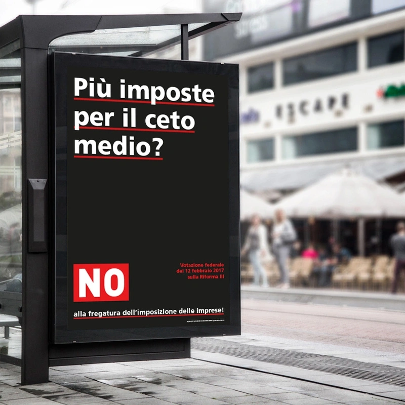 italienisches Plakat zur Abstimmung «Nein zum Unternehmenssteuer-Bschiss» für die Kundschaft SP Schweiz