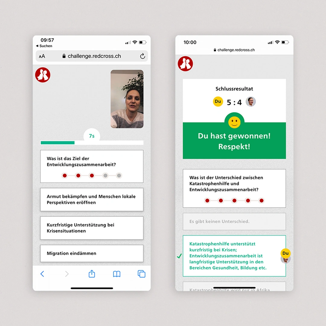 Redcross Challenge Frage- und Gewinnscreen, Gamification Webseite für die Kundschaft Schweizerische Rote Kreuz.
