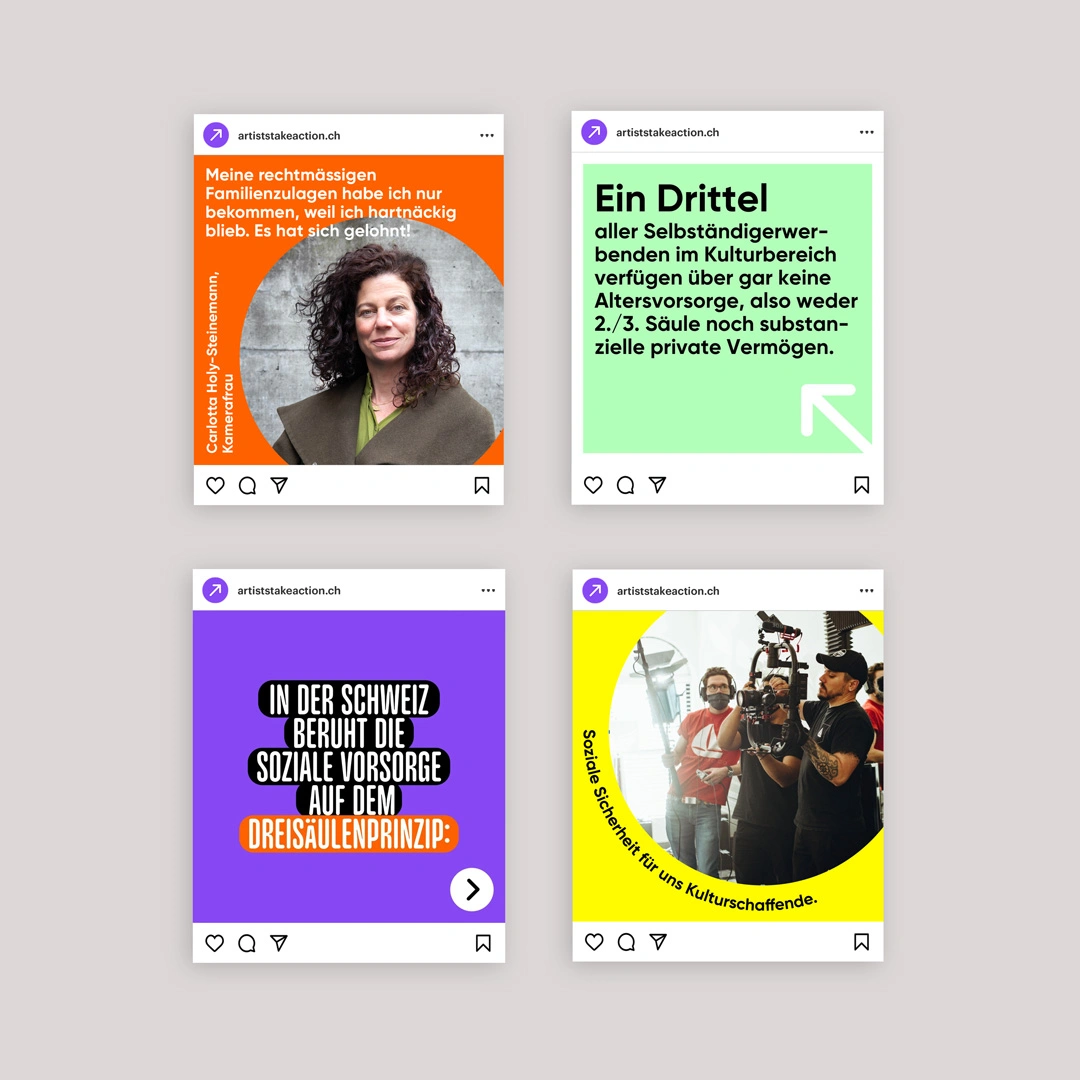 4 Instagram-Posts aus der Kampagne für Suisseculture Sociale.