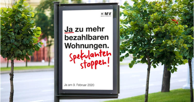 Plakat der Abstimmungskampagne «Mehr bezahlbare Wohnungen» der Kundschaft Mieterinnen- und Mieterverbandes Schweiz