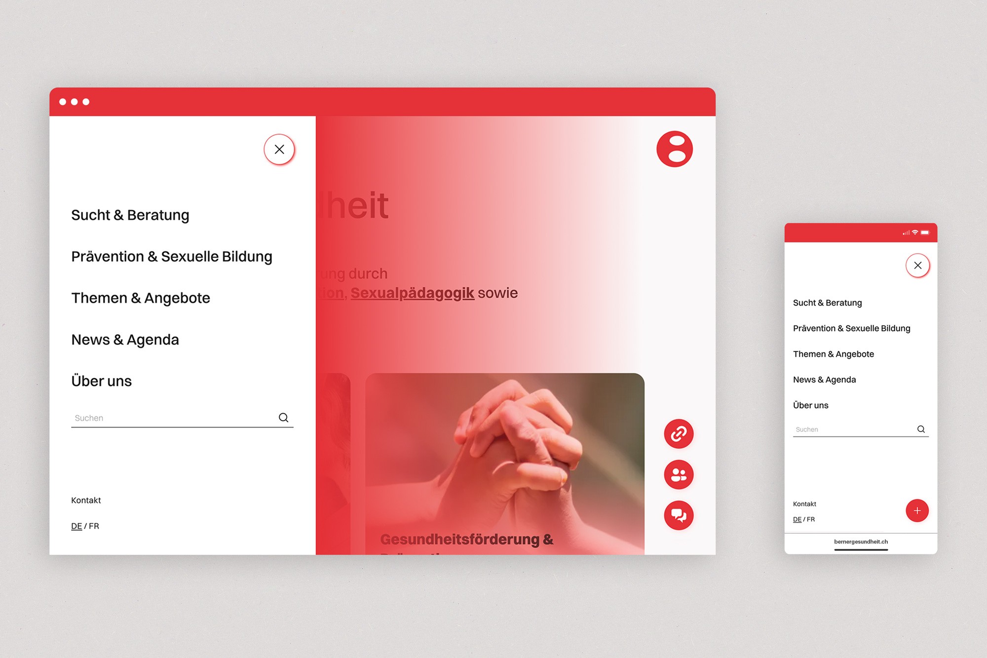 Menu auf dem Desktop und mobile für Berner Gesundheit