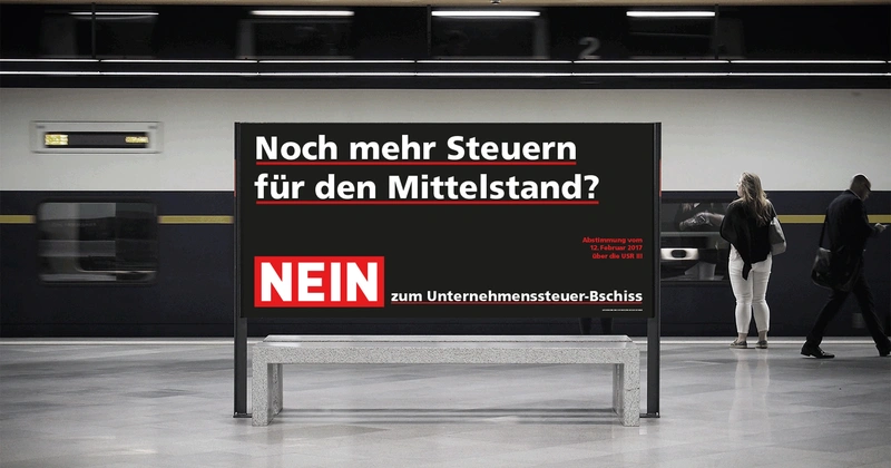 Plakat zur abstimmung «Nein zum Unternehmenssteuer-Bschiss» für die Kundschaft SP Schweiz