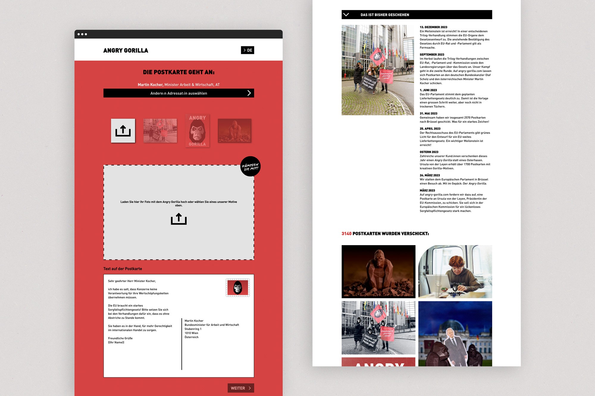 Webdesign für Angry Gorilla Postkartenaktion