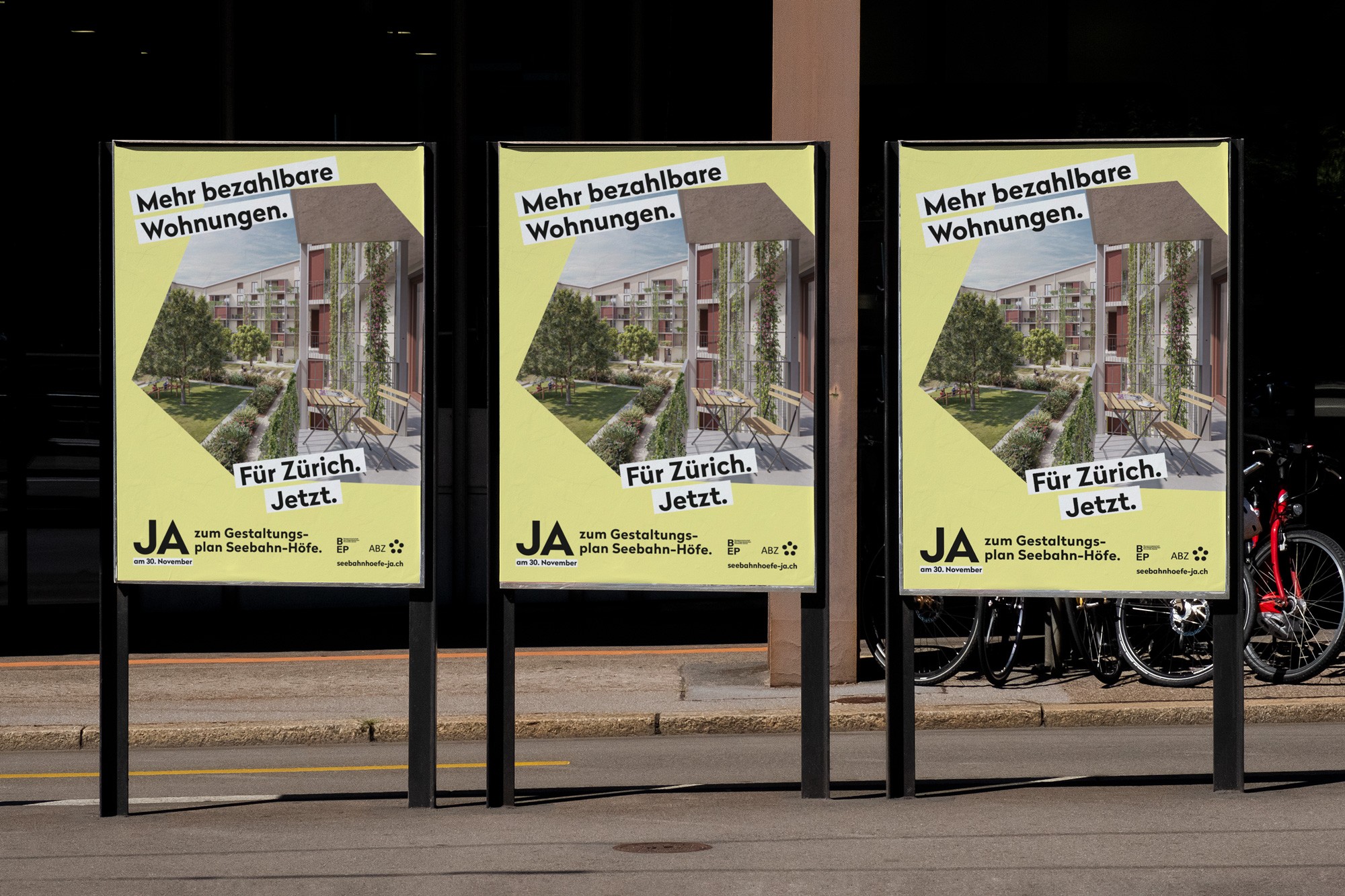 Plakate für den Gestaltungsplan Seebahn-Höfe «Mehr bezahlbare Wohnungen»