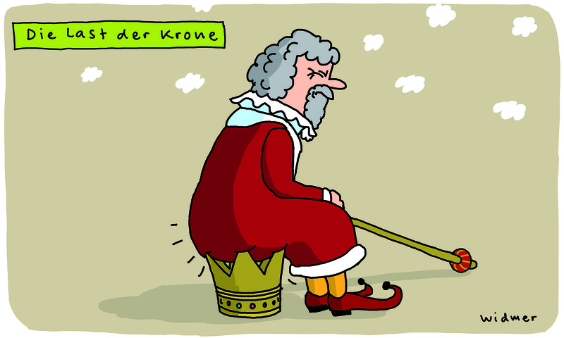 Die Last der Krone: Ein König sitzt auf den Spitzen seiner Krone.