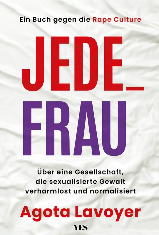 Buchcover. Hintergrund ist ein zerknülltes Papier, darauf steht Jede_Frau mit roten und violetten Lettern.