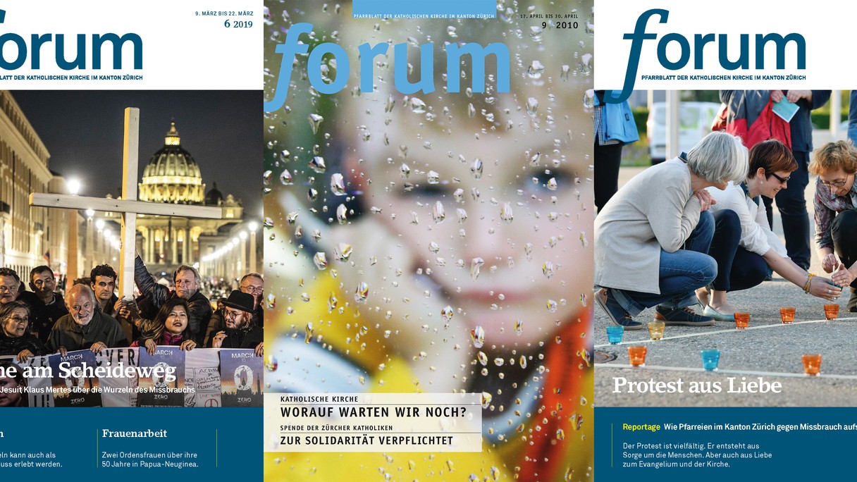 Drei Cover des Forum Pfarrblatts, in denen zu Missbrauch berichtet wird.