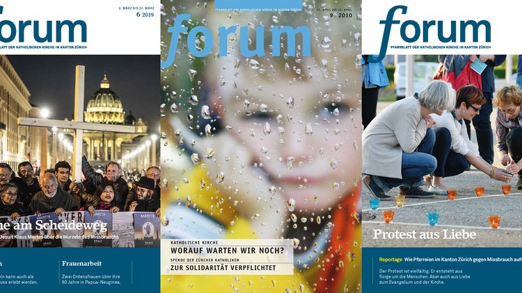 Drei Cover des Forum Pfarrblatts, in denen zu Missbrauch berichtet wird.