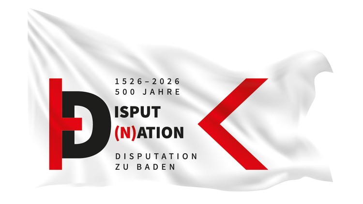 Logo mit weisser wehender Fahne mit der Aufschrift: 1526 bis 2026, Disputnation
