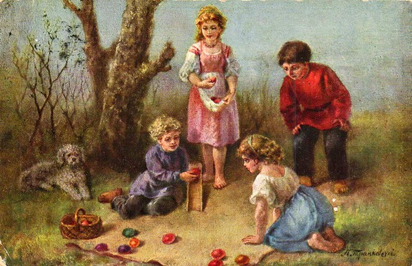 Auf einer alten Illustration lassen Kinder Ostereier rollen.
