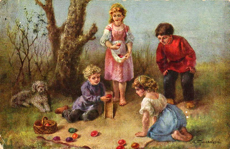 Auf einer alten Illustration lassen Kinder Ostereier rollen.