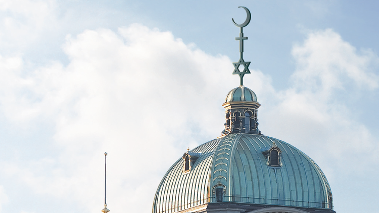 Bildmontage mit der Bundeshauskuppel und den Symbolen der drei monotheistischen Religionen.