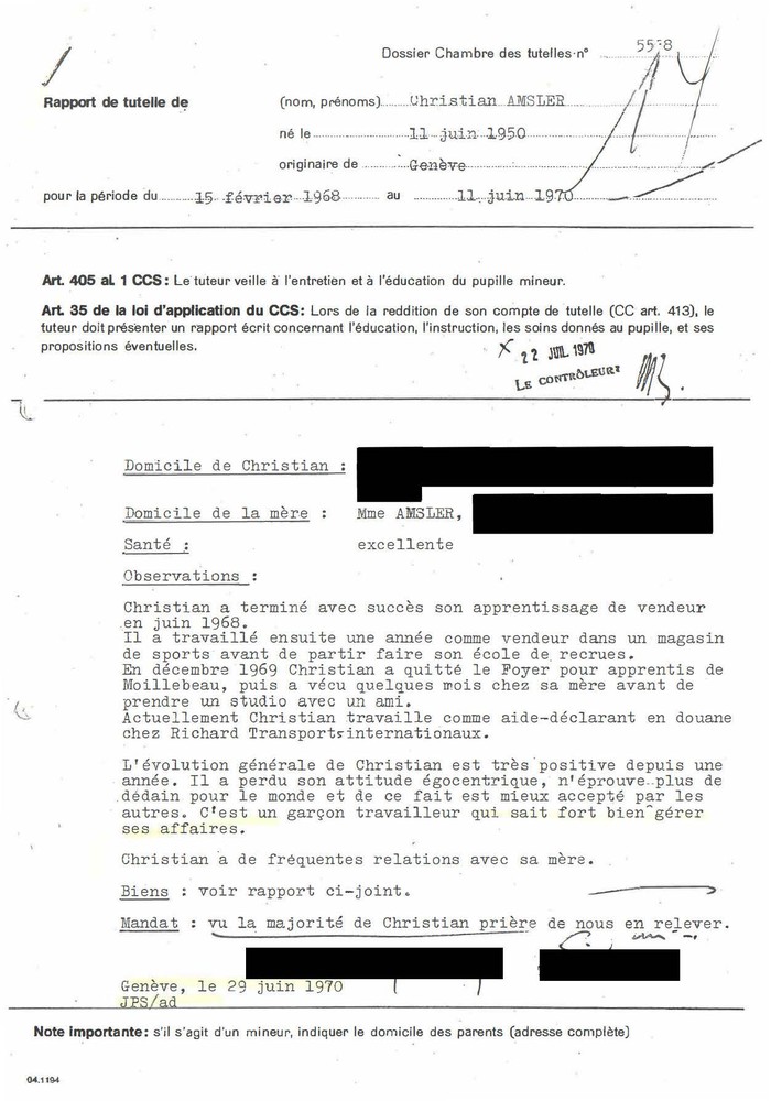 Rapport de tutelle de Christian Amsler