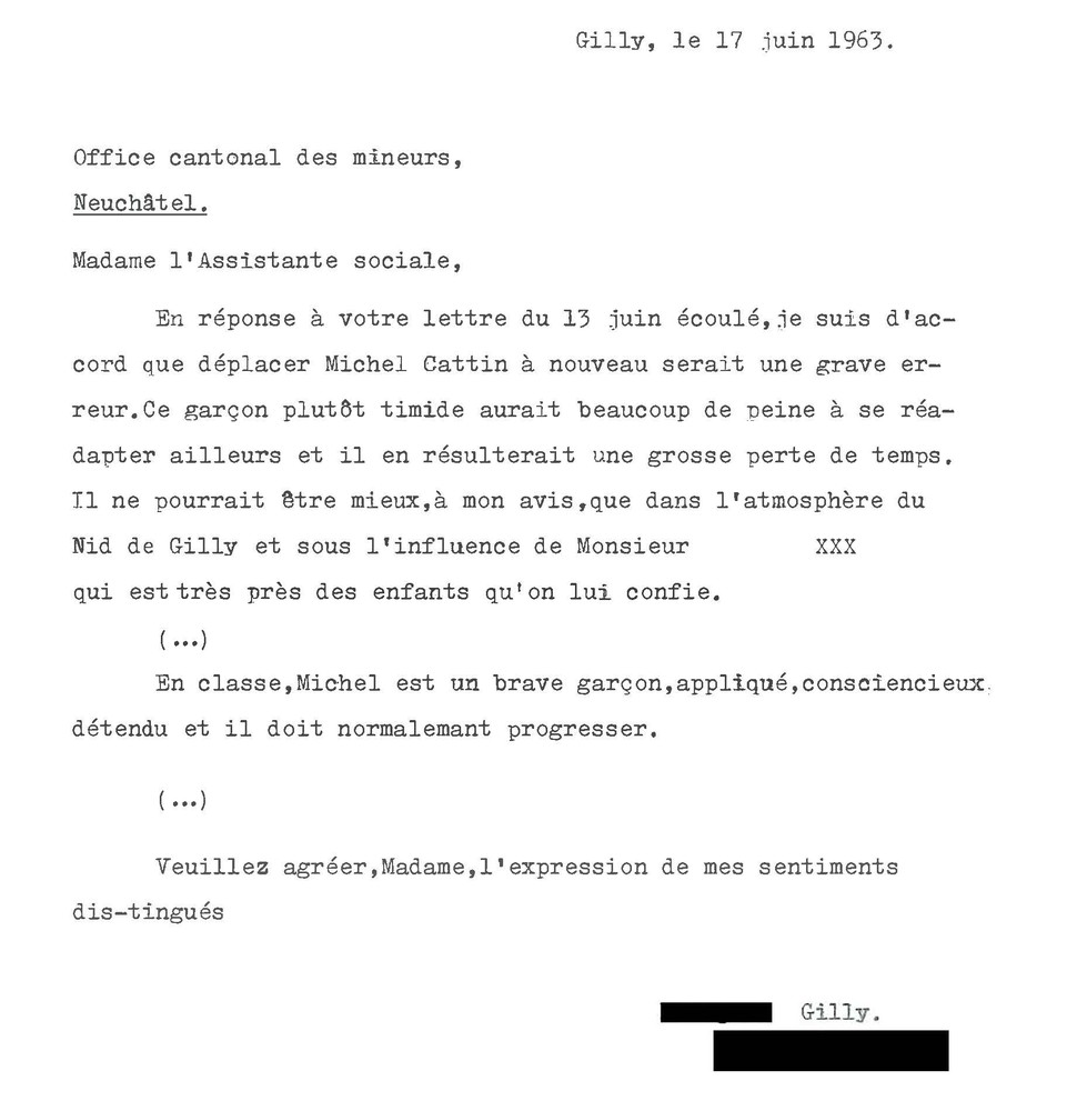 Courrier d’un enseignant à l’Office cantonal des mineurs, le 17 juin 1963.