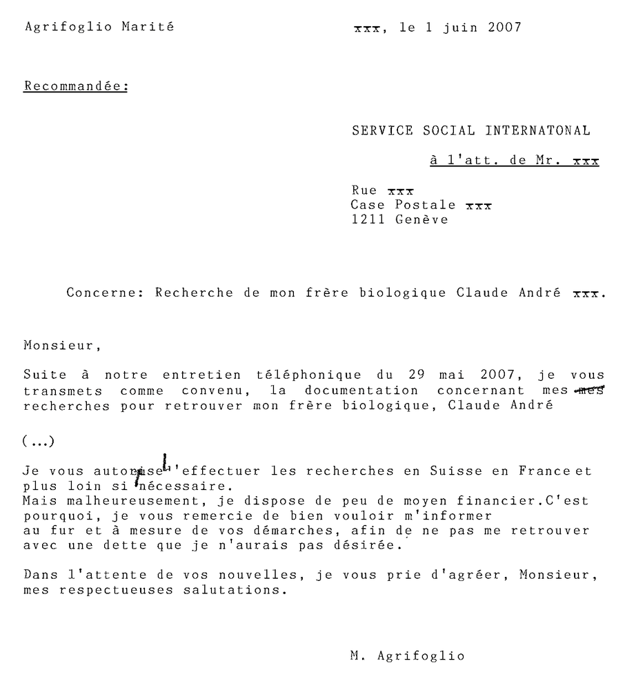 Courrier au Service social international.