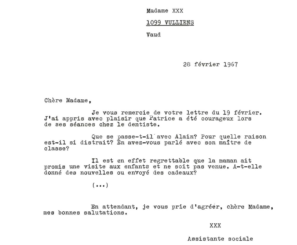 Extrait d’un courrier de l’assistante sociale à la famille d’accueil, le 28 février 1967