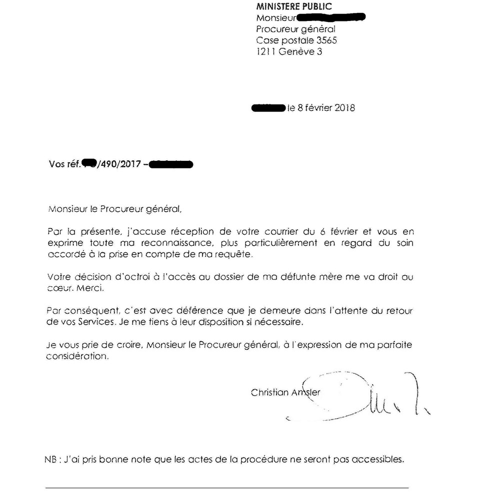 Courrier au Procureur général, le 8 février 2018.