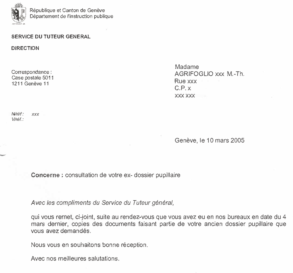 Courrier du service du Tuteur général.