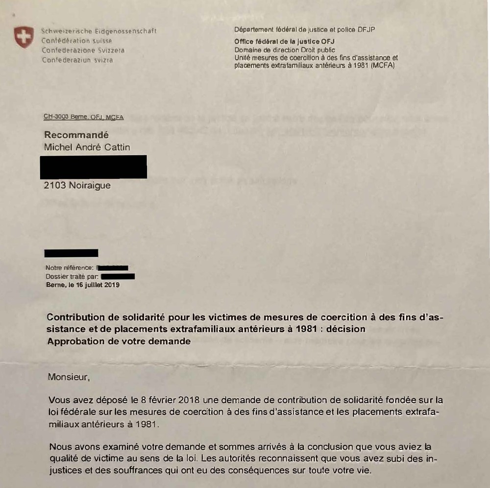 Courrier de l’Office fédéral de Justice à Michel Cattin, le 16 juillet 2019 .