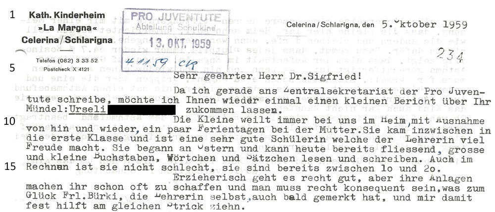 Relazione  della direttrice dell’istituto La Margna di Celerina al direttore della Pro Juventute, 1959