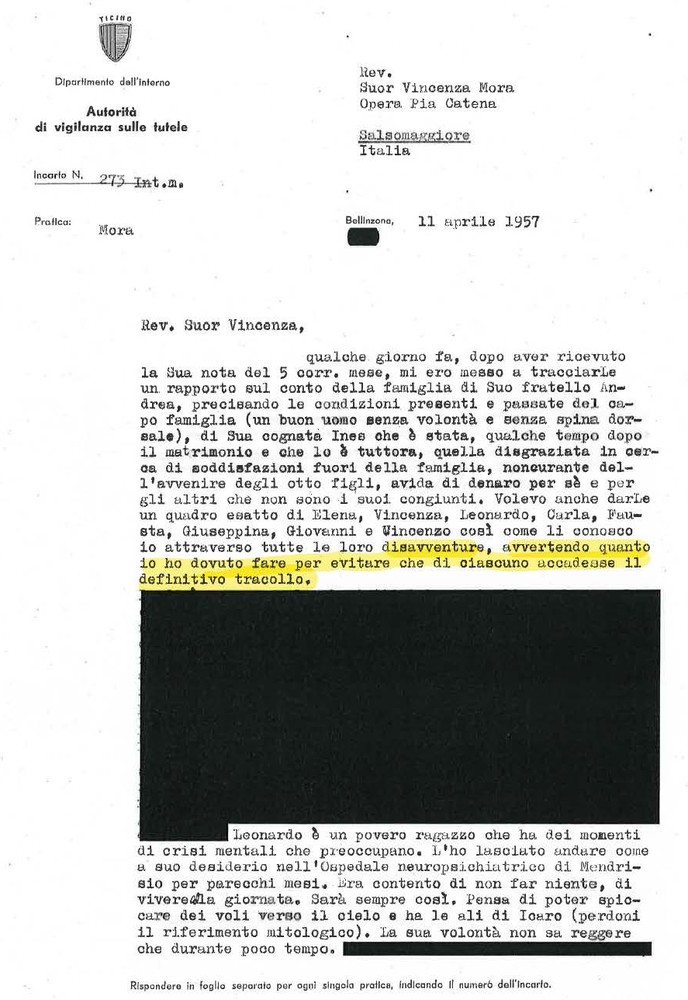 Lettera dell’Autorità di vigilanza sulle tutele a suor Vincenza Mora, 11.4.1957