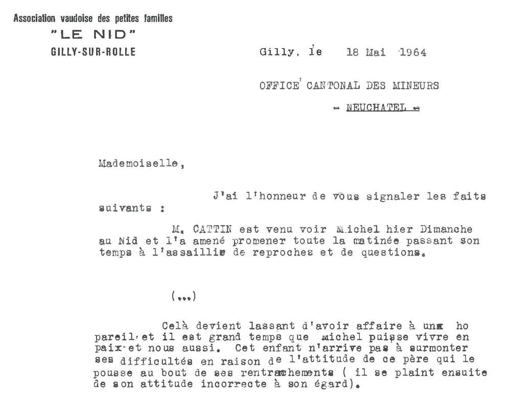Courrier de l’association « Le Nid » à l’Office cantonal des mineurs, le 18 mai 1964.