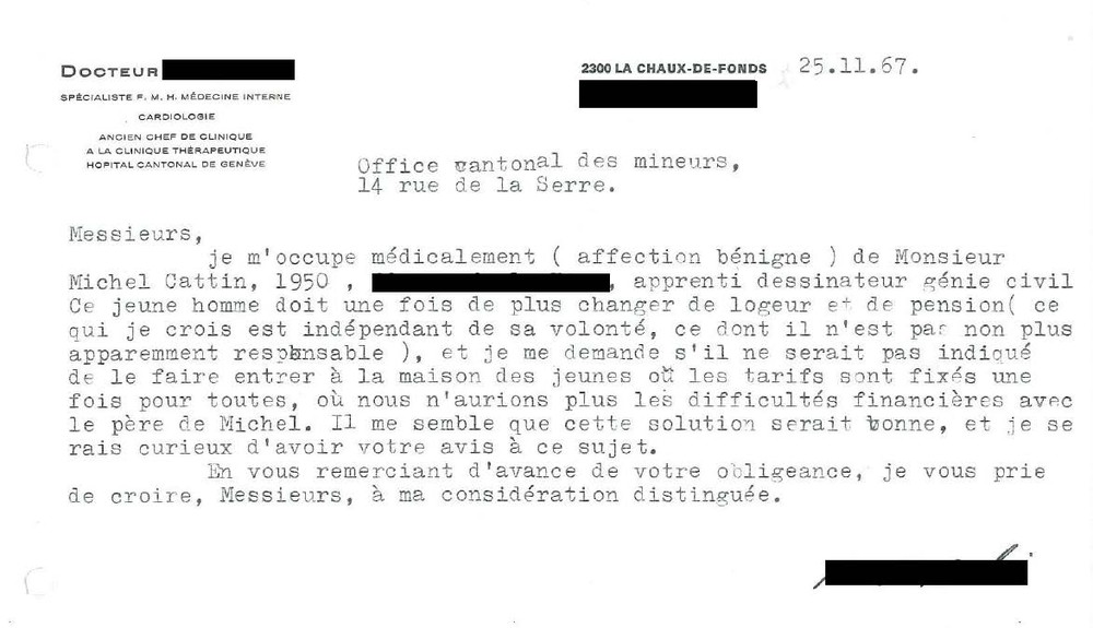 Courrier d’un médecin à l’Office cantonal des mineurs, le 25 novembre 1967.