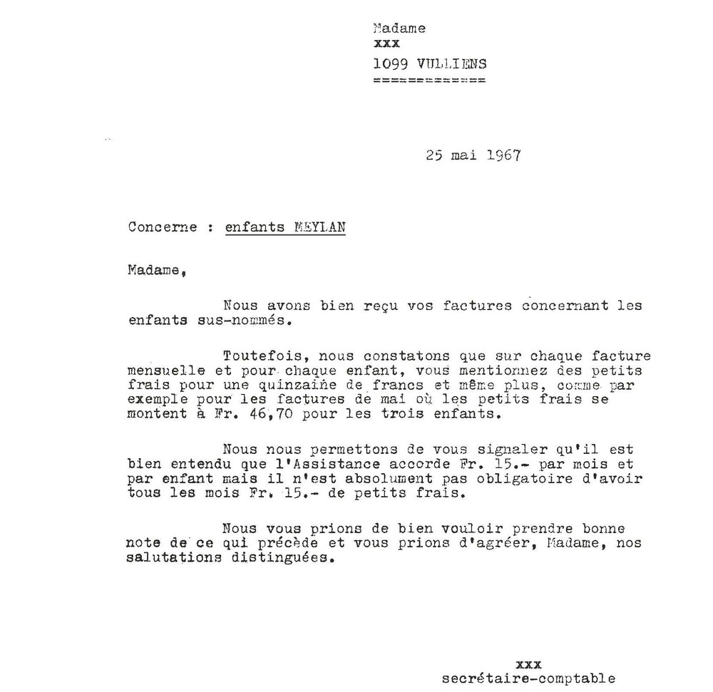 Courrier d’un service de l’État à la famille d’accueil, le 25 mai 1967.