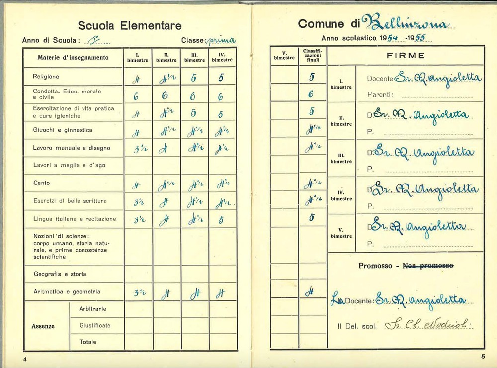 Pagella scolastica di prima elementare, 1955
