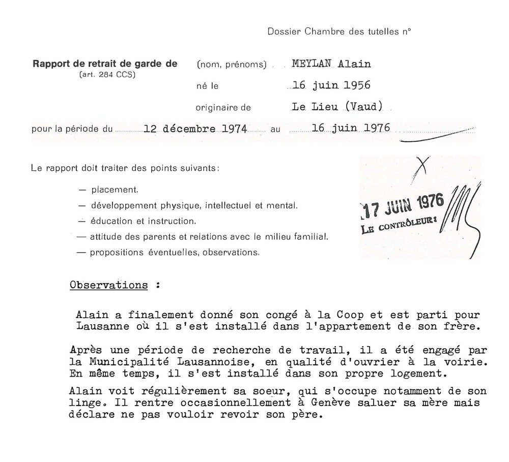 Rapport de retrait de garde pour la période du 12 décembre 1974 au 16 juin 1976, 17 juin 1976.