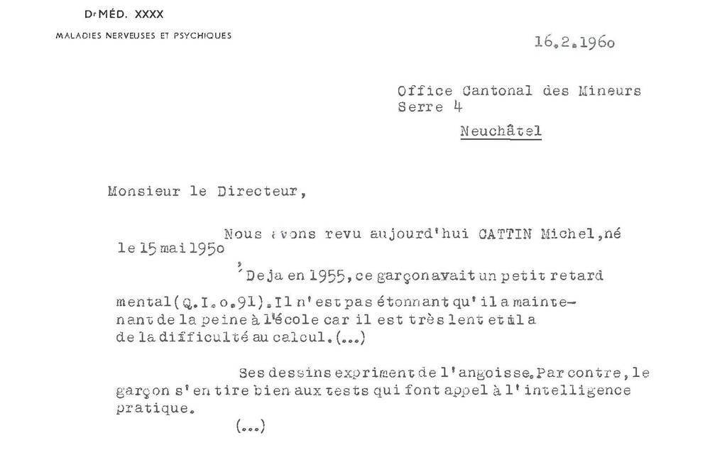 Lettre du psychiatre à l’Office cantonal des mineurs, le 16 février 1960.