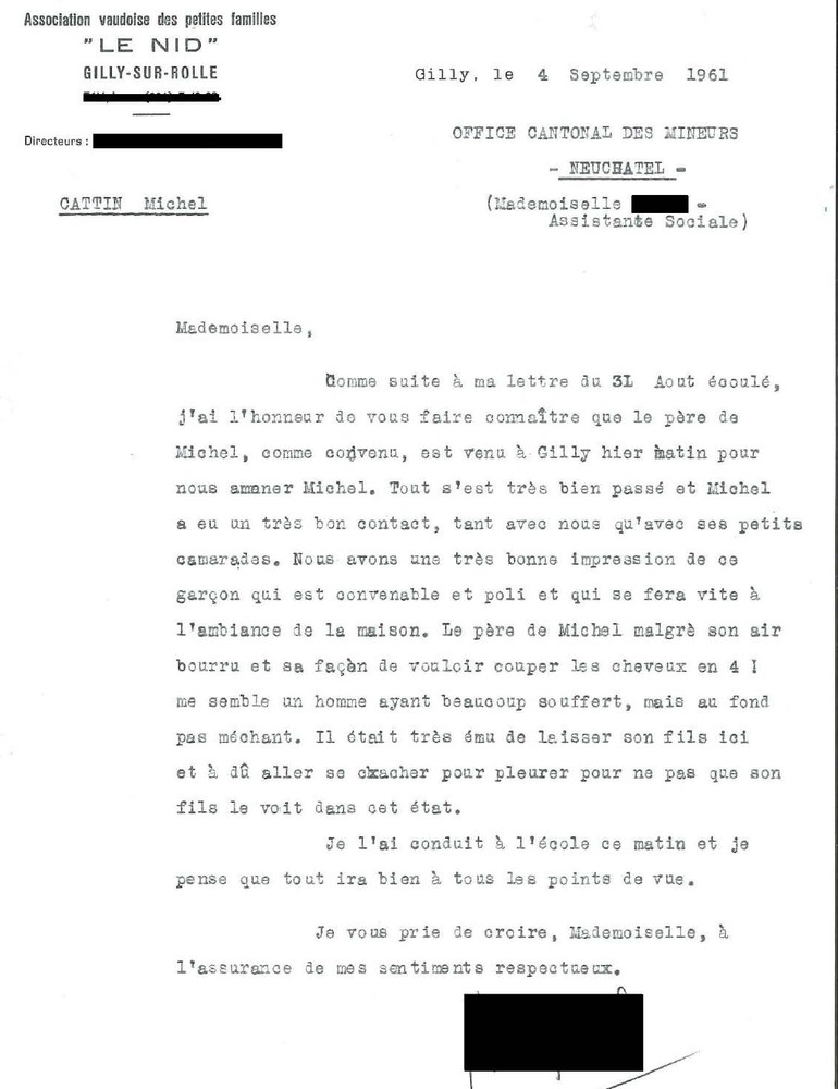 Courrier du directeur du foyer « Le Nid ».