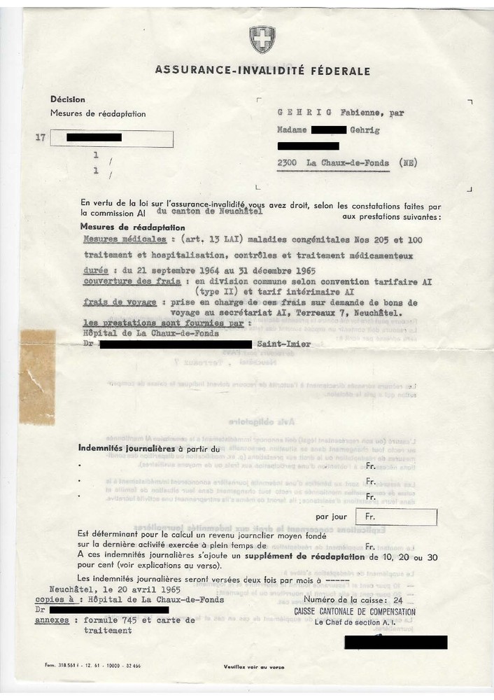 Assurance-invalidité fédérale pour Fabienne Frieden (née Gehrig), le 20 avril 1965.