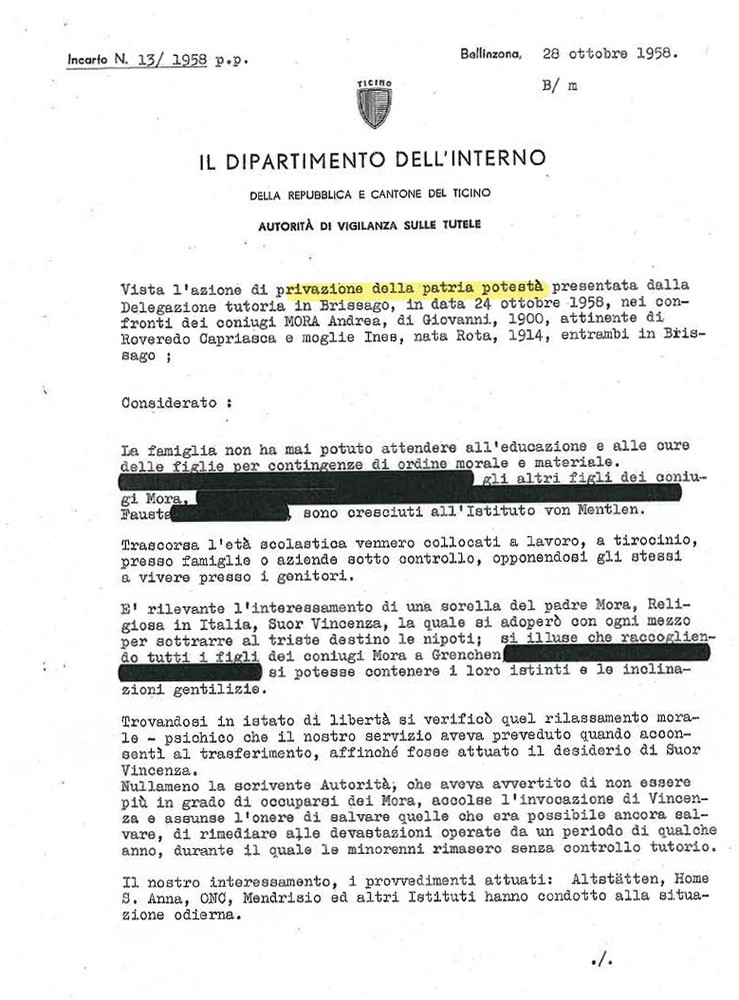 Lettera dell’Autorità di vigilanza sulle tutele, 28.10.1958