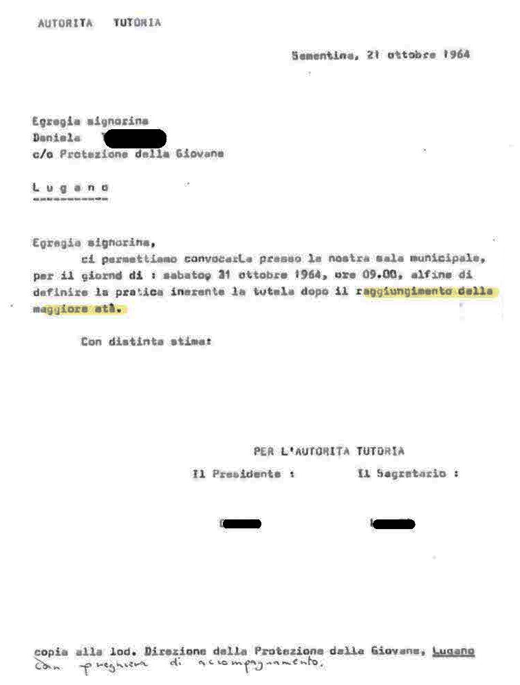 La convocazione dell’autorità tutoria, 1964