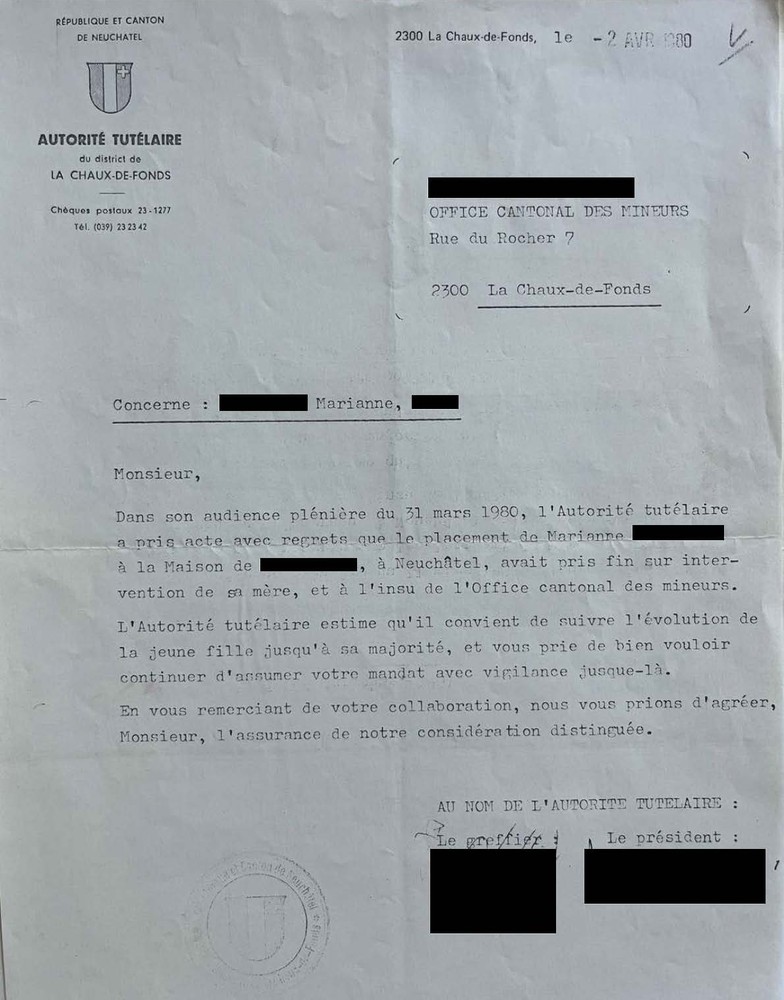 Lettre de l’Autorité tutélaire du district de La Chaux-de-Fonds, le 2 avril 1980.