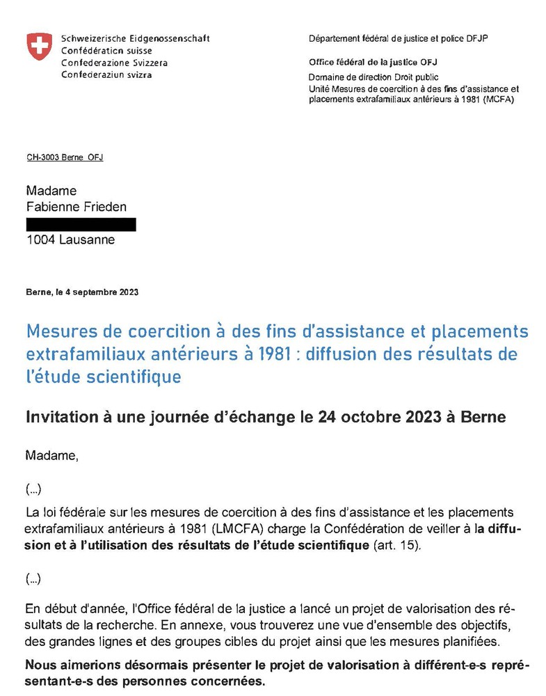 Extrait de la lettre de l’Office fédéral de la Justice, le 4 septembre 2023.
