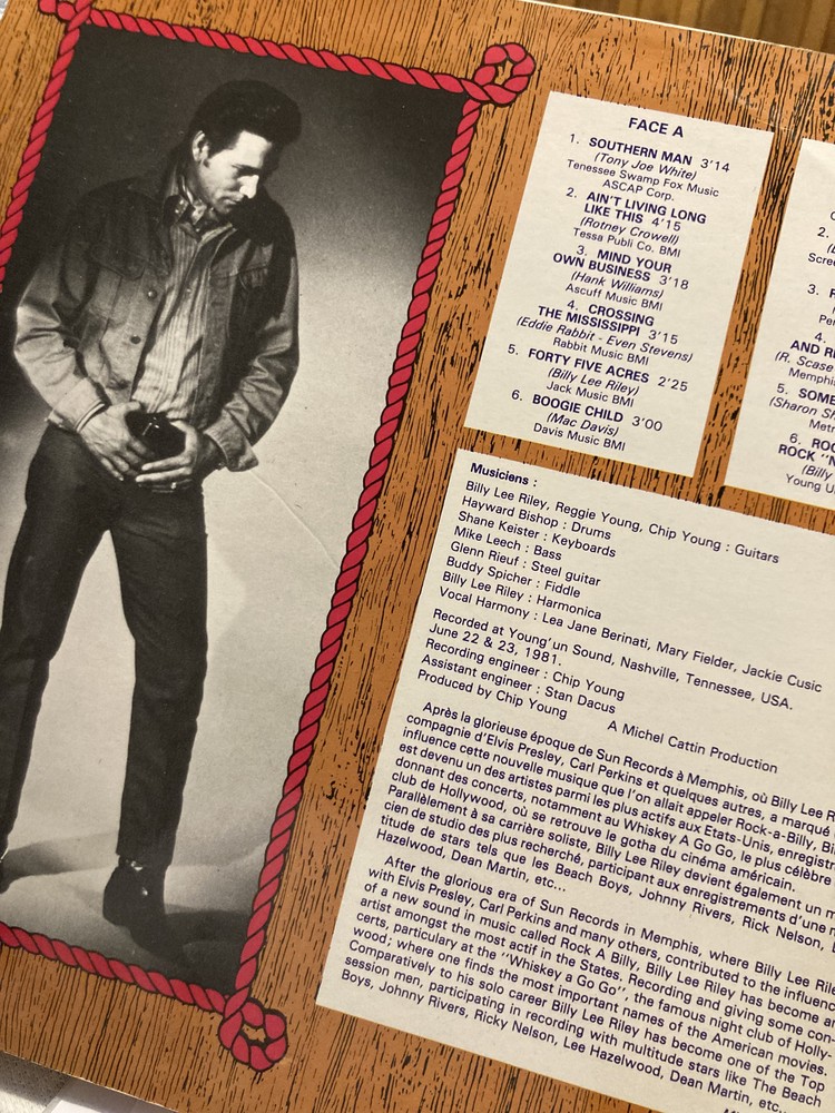 Verso de pochette vinyle du chanteur Billy Lee Riley, 1981.