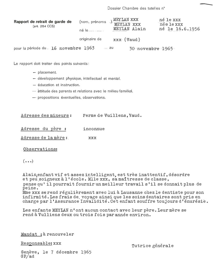 Rapport du 7 décembre 1965 sur le retrait de garde pour la période du 16 novembre 1963 au 30 novembre 1965.