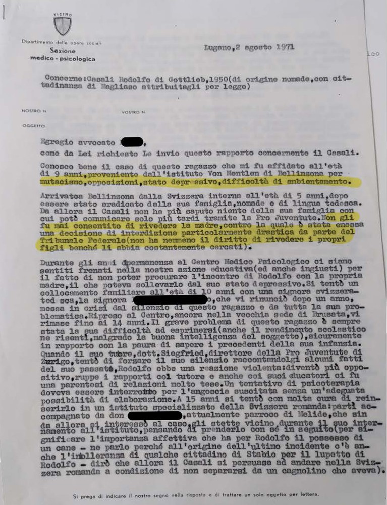 Rapporto della psicologa del Centro di osservazione medico-psico-pedagogico (COMPP) di Stabio