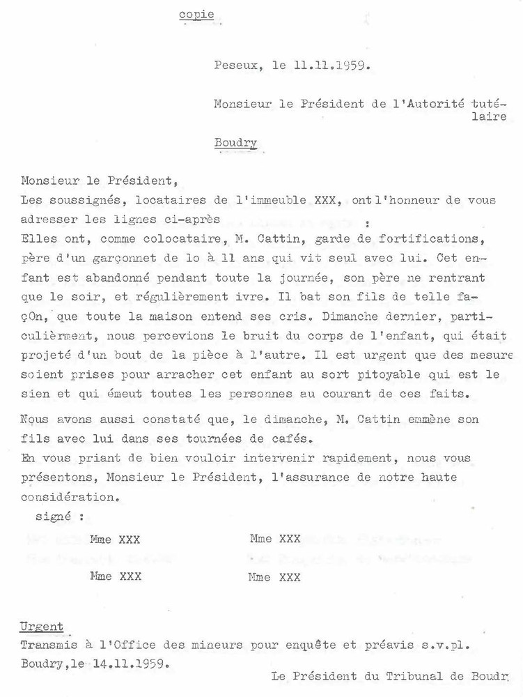 Courrier de dénonciation civile , le 11 novembre 1959.