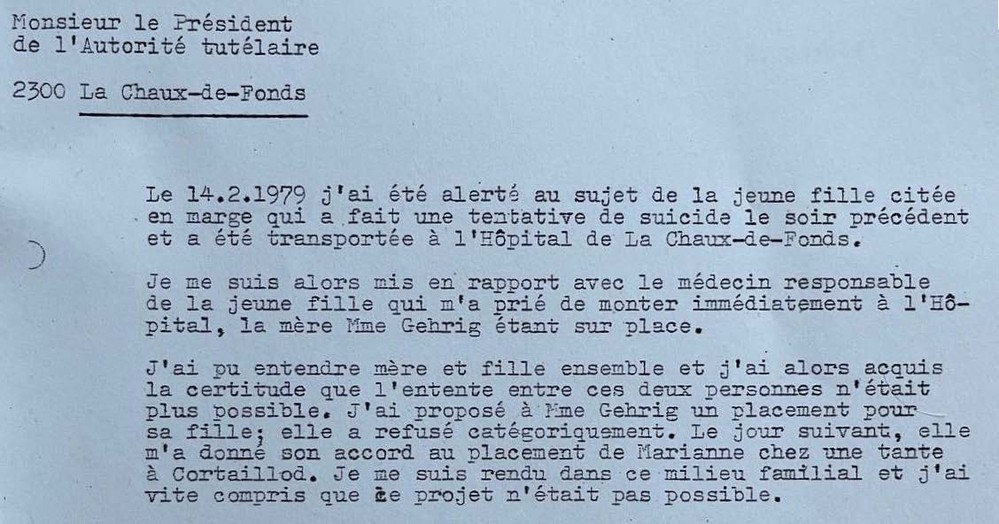 Courrier de l’Office cantonal des mineurs, le 26 février 1979.