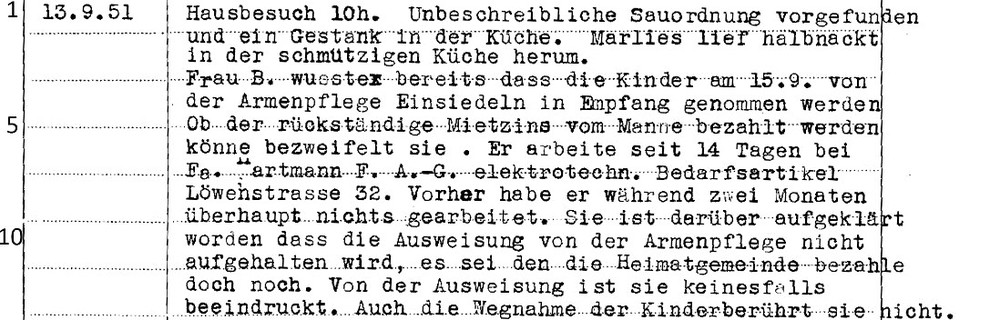 Aktennotiz der Fürsorgebehörde vom 13. September 1951