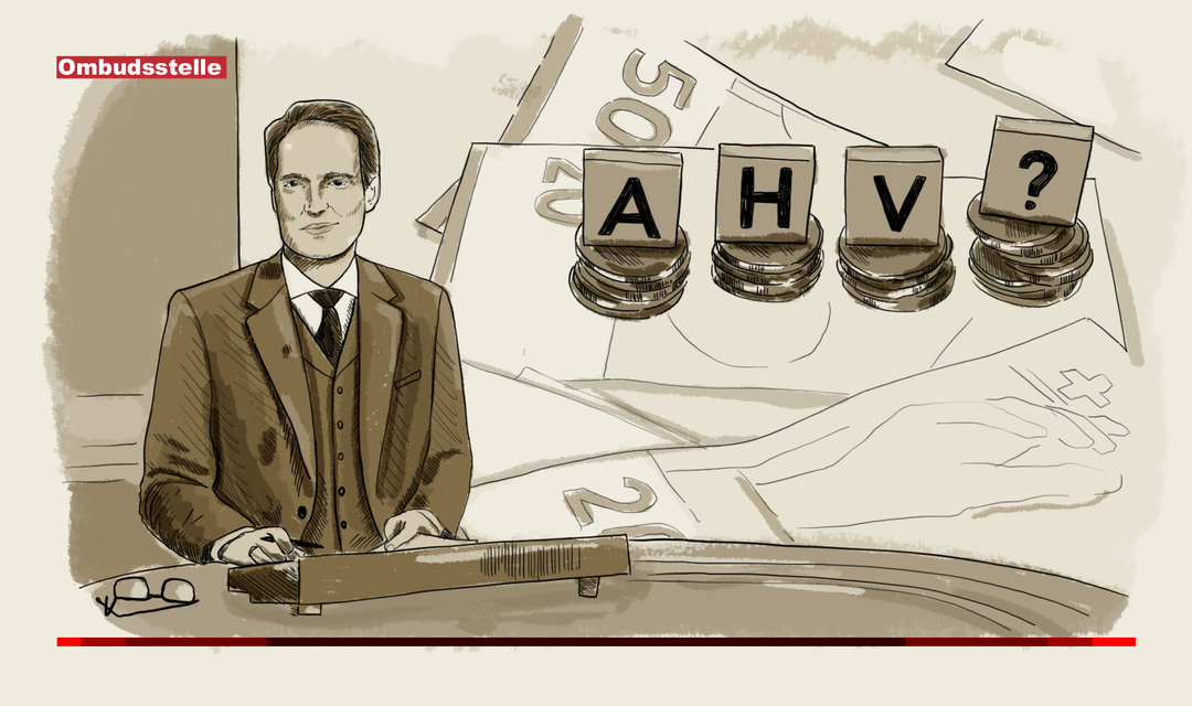 Die Illustration zeigt einen Tagesschau-Moderator am Moderationspult. Im Hintergrund ist ein Bild mit Schweizer Banknoten und Münzen abgebildet. Auf den Münzen stehen die Buchstaben und Zeichen "AHV ?" in Würfelform